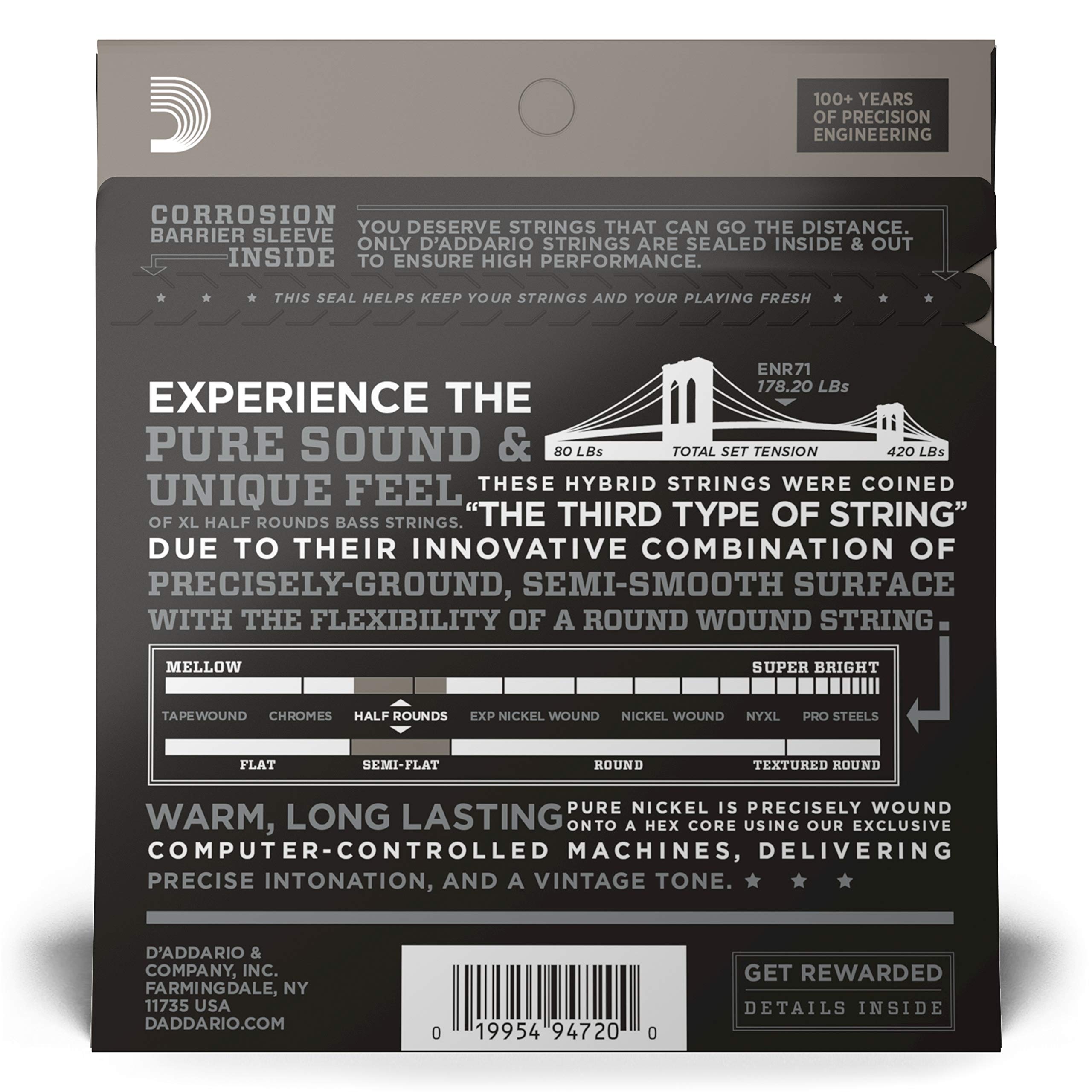 D'Addario Bass Guitar Strings, XL Nickel Half Rounds, ENR71, Long Scale, Regular Light Gauge 45-100, 4-String Set, Pack of 1 - Image 3